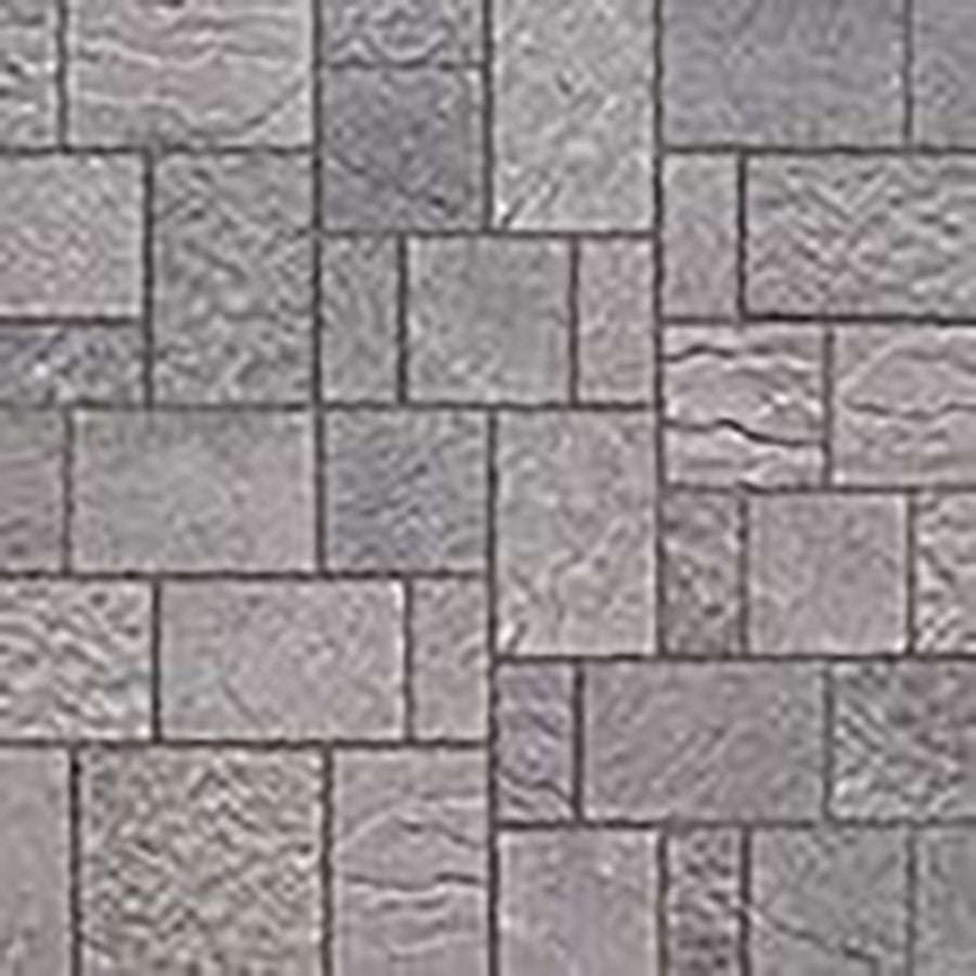 Close-up of grey interlocking pavers with the joints filled and swept clean