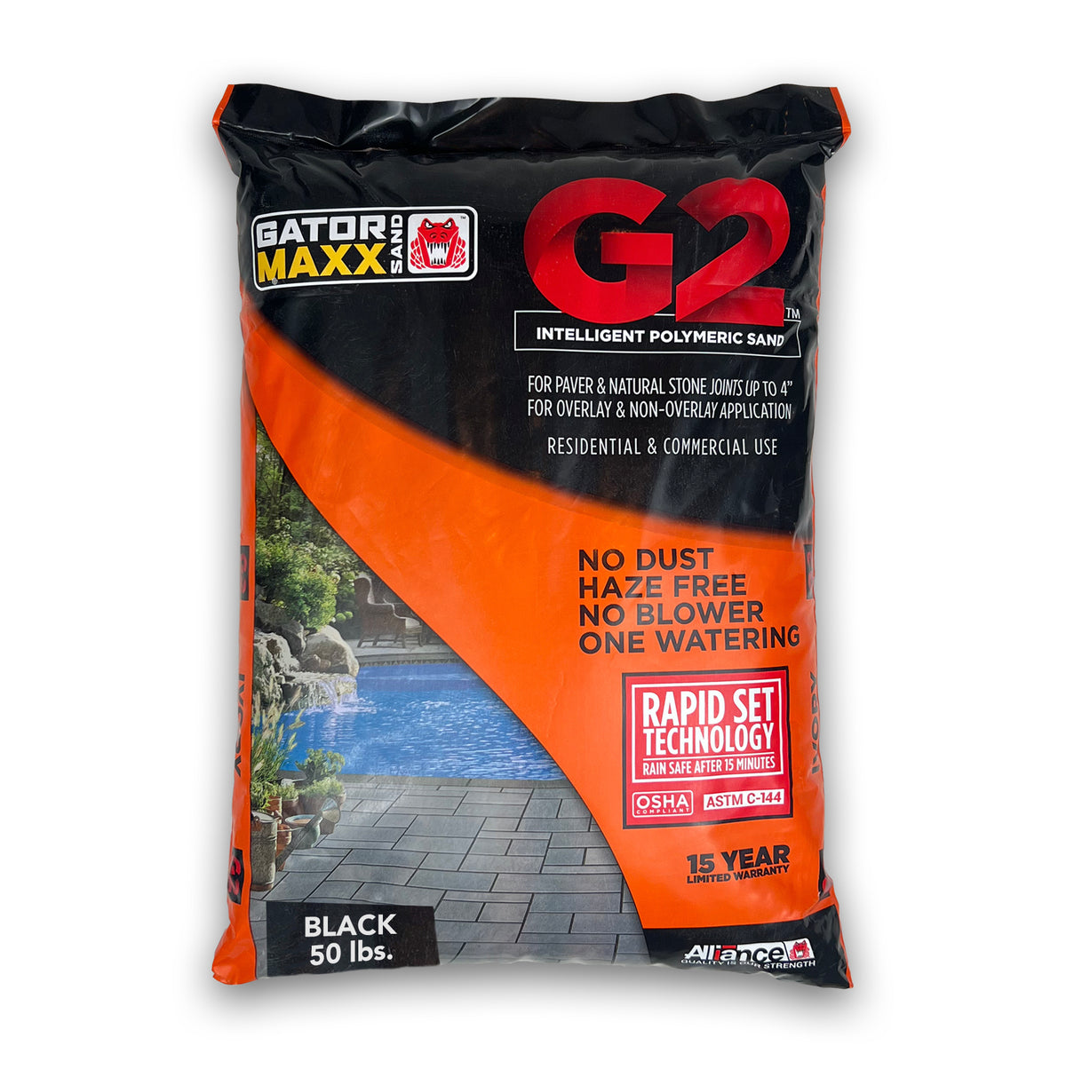Alliance Gator Maxx G2 polymeric sand 50 lb Black, no dust haze free rapid set paver joint sand rain safe in 15 minutes
