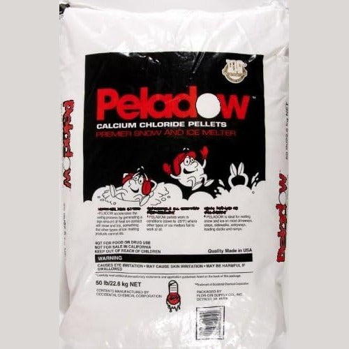 Peladow Calcium Chloride Pellets 50 lb bag, premier snow and ice melter, white packaging with red logo