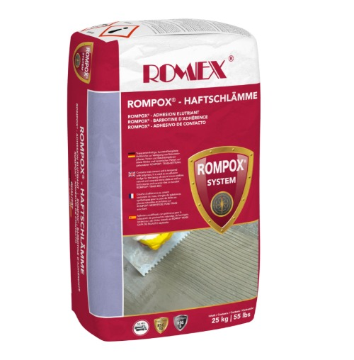 Romex Rompox Haftschlämme adhesion slurry in a 25 kg red and gray paper bag with shield logo