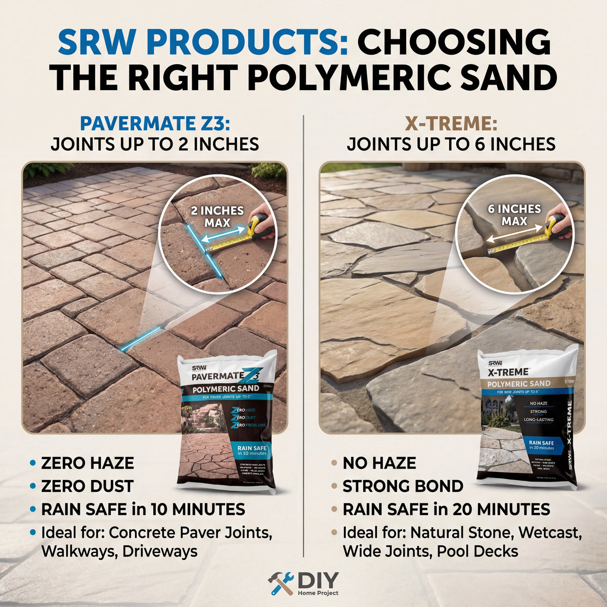 SRW Pavermate Z3 vs X-Treme polymeric sand comparison – Z3 for paver joints up to 2 inches, X-Treme for wide joints up to 6