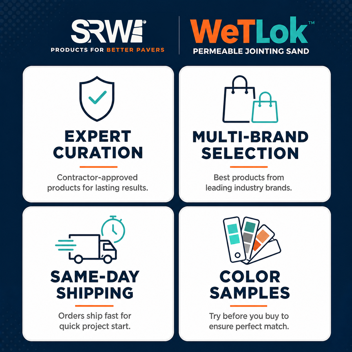 SRW WetLok dealer benefits – expert curation, multi-brand selection, same day shipping, permeable sand color samples