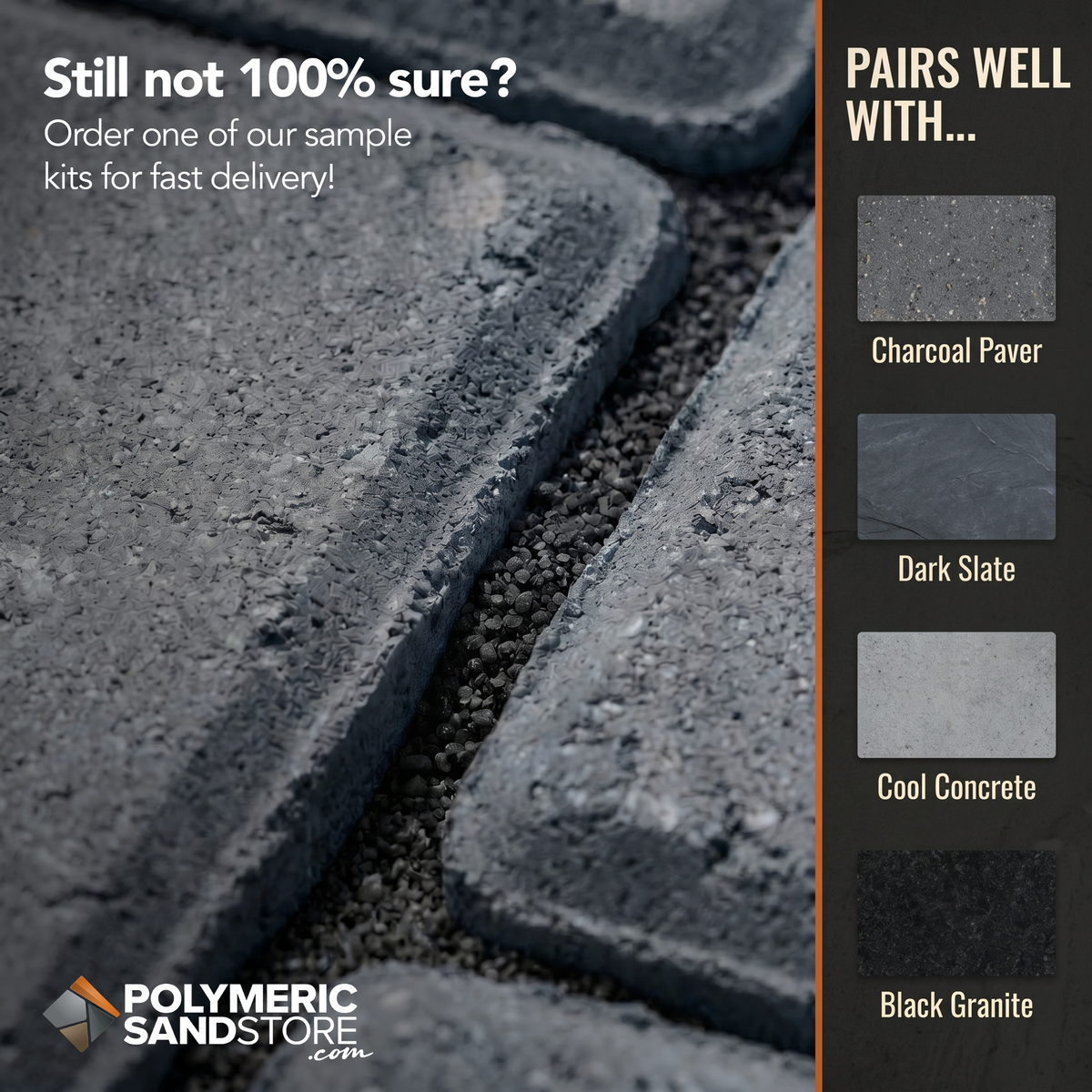 Black polymeric sand for dark pavers – black jointing sand matched with charcoal pavers, slate, concrete, black granite