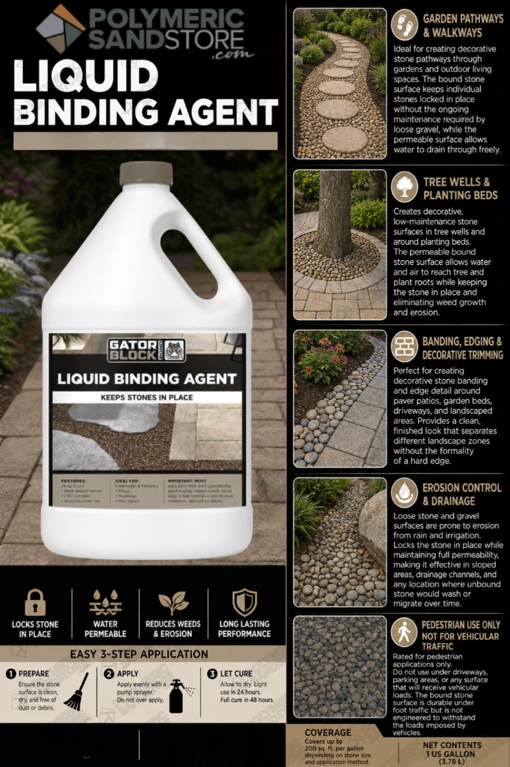 Alliance Gator Block Bond Liquid Binding Agent infographic showing pathways, tree wells, edging, and erosion control uses.