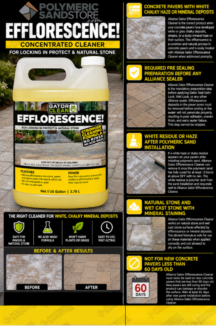 Alliance Gator Clean Efflorescence Cleaner infographic showing haze removal, paver prep, no acid wash formula benefits.