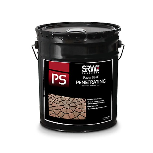 SRW Products PS Paver Seal Penetrating sealer in a black pail with a paver image on the label, water based invisible natural look penetrating paver sealer for concrete pavers and hardscapes