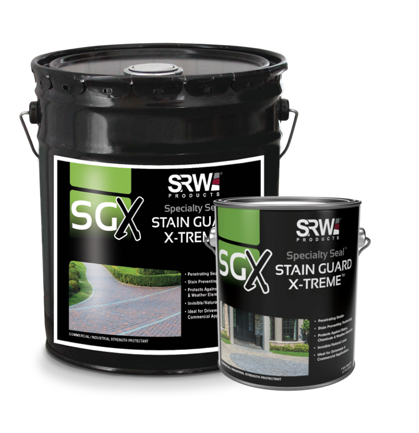 SRW Products SGX Stain Guard X-Treme specialty seal shown as a black 5 gallon pail and 1 gallon can with paver driveway photos on the labels, penetrating stain resistant paver sealer for driveways and commercial hardscapes