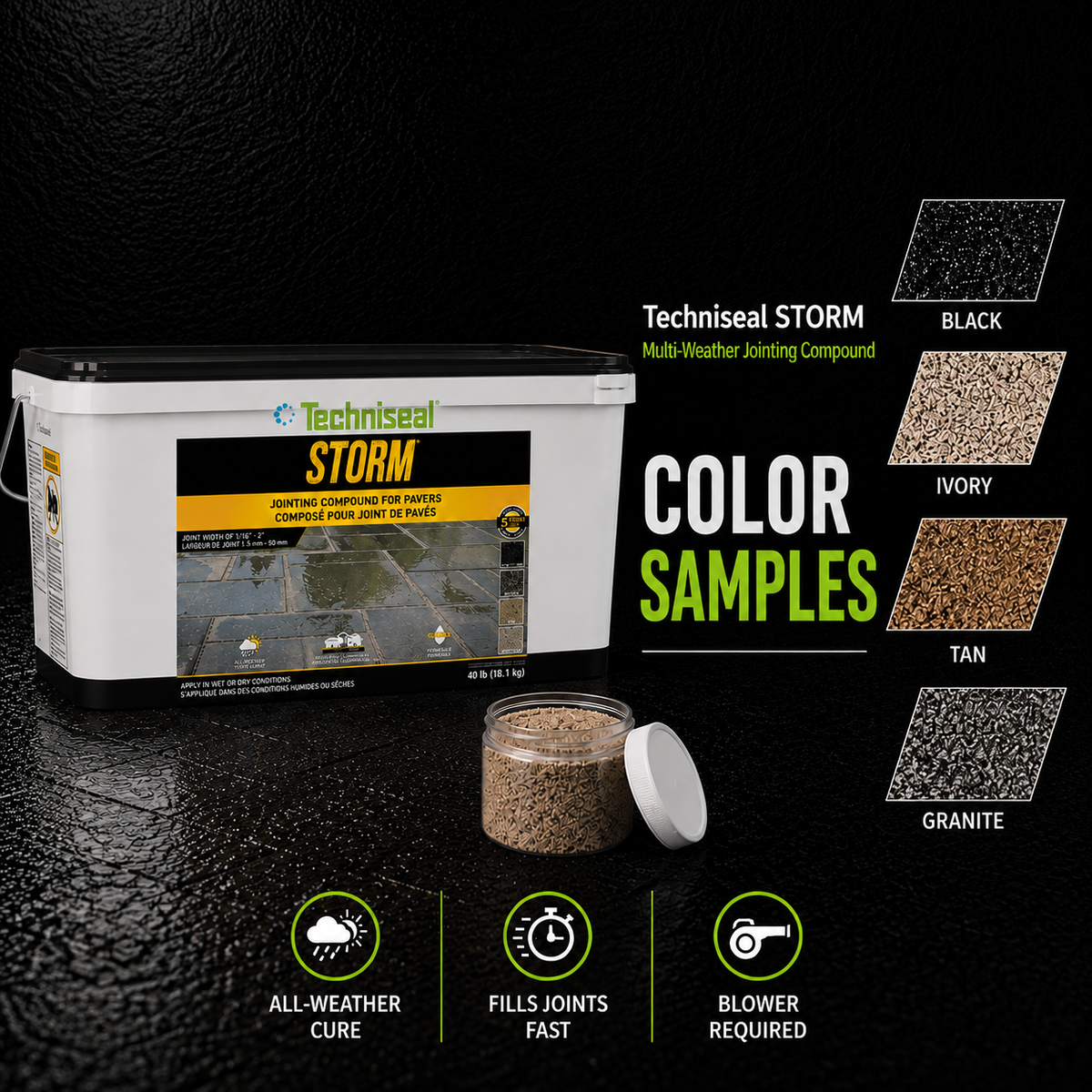 Techniseal STORM multi-weather jointing compound color samples: all 4 shades Black, Ivory, Tan, and Granite sample kit by Polymeric Sand Store