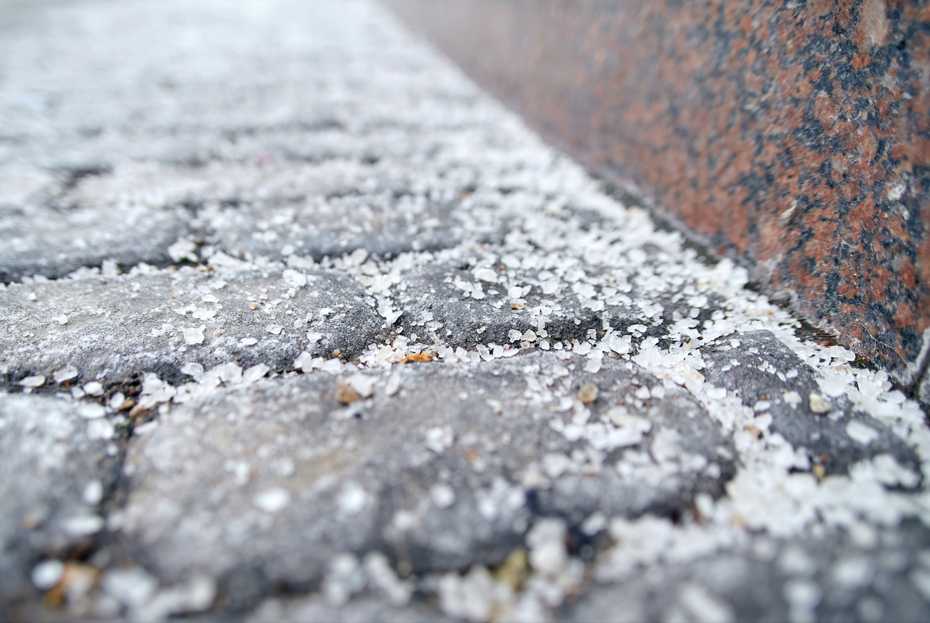 Closeup Image of Paving Slabs covered with Deicing Salt