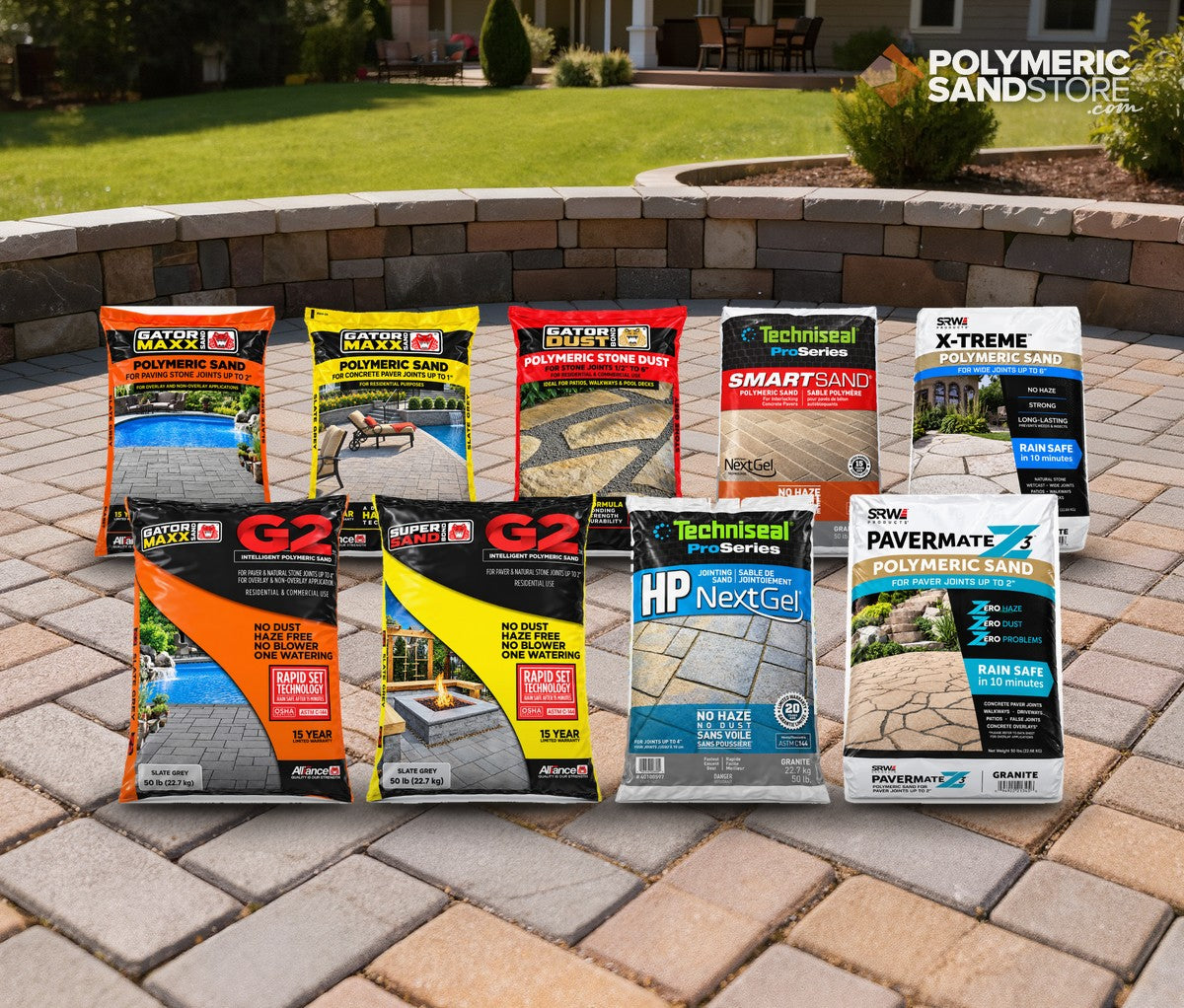 Bags of polymeric sand from Gator, Techniseal, SRW and Pavermate on a finished paver patio