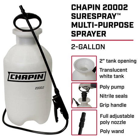 Chapin 20002 SureSpray two gallon sprayer with translucent white tank, poly pump and adjustable nozzle