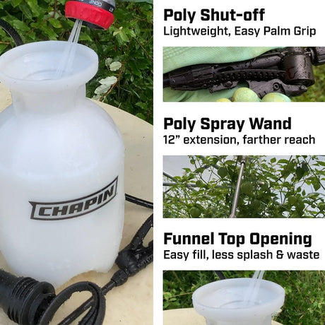 Feature panel showing the poly shut-off, 12 in poly spray wand and funnel top opening