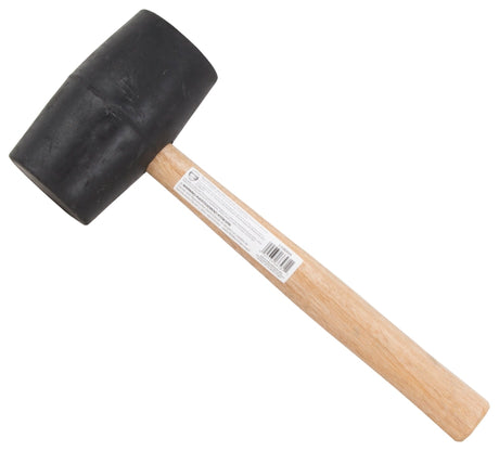 Rubber mallet with a black double faced head and a wooden handle