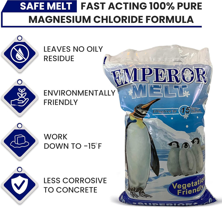 Blue Emperor Ice Melt. Environmentally Friendly Ice Melter and Pet Safe Ice Melt Effective to temperatures of -15 Degrees Fahrenheit. Comes in a 50lb Bag.