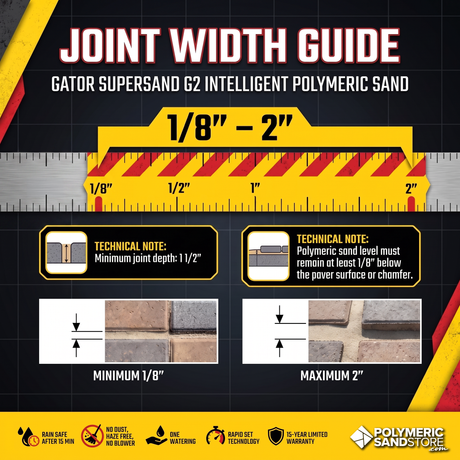 Joint width reference chart for Alliance Gator Super Sand G2 Polymeric Sand
