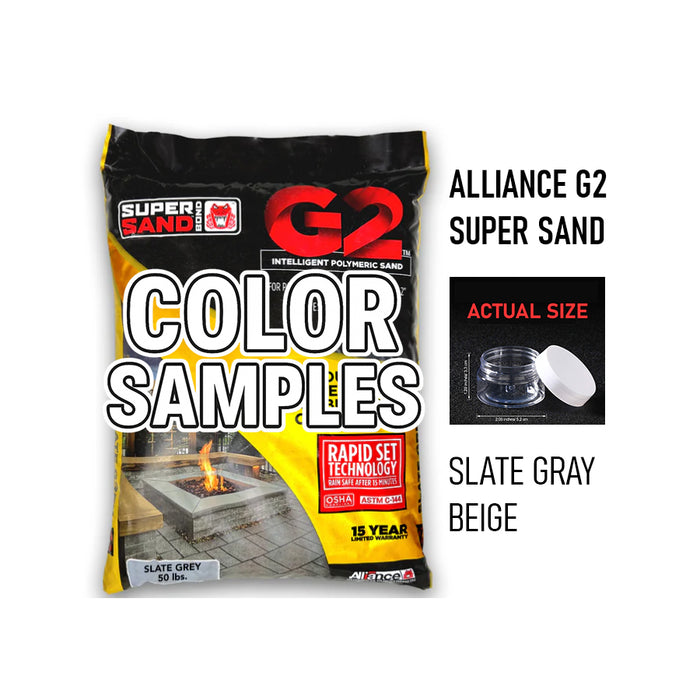 Alliance G2 Super Sand color sample kit in Slate Gray and Beige, shown next to 50 lb bag with Rapid Set Technology label