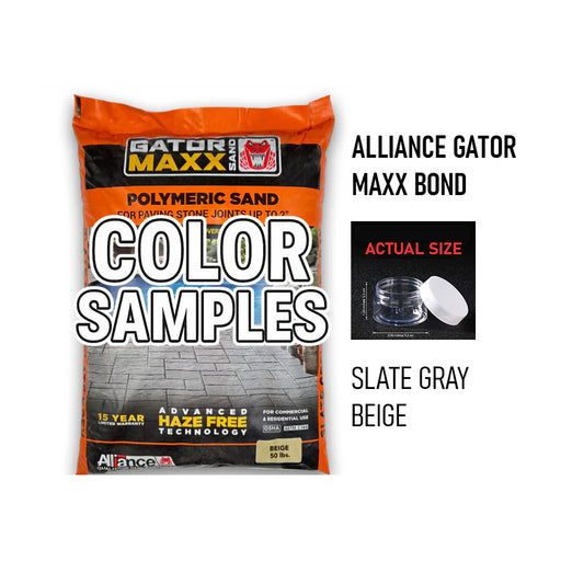 Alliance Gator Maxx Bond Polymeric Sand color samples in Slate Gray and Beige shown in small clear container, actual size
