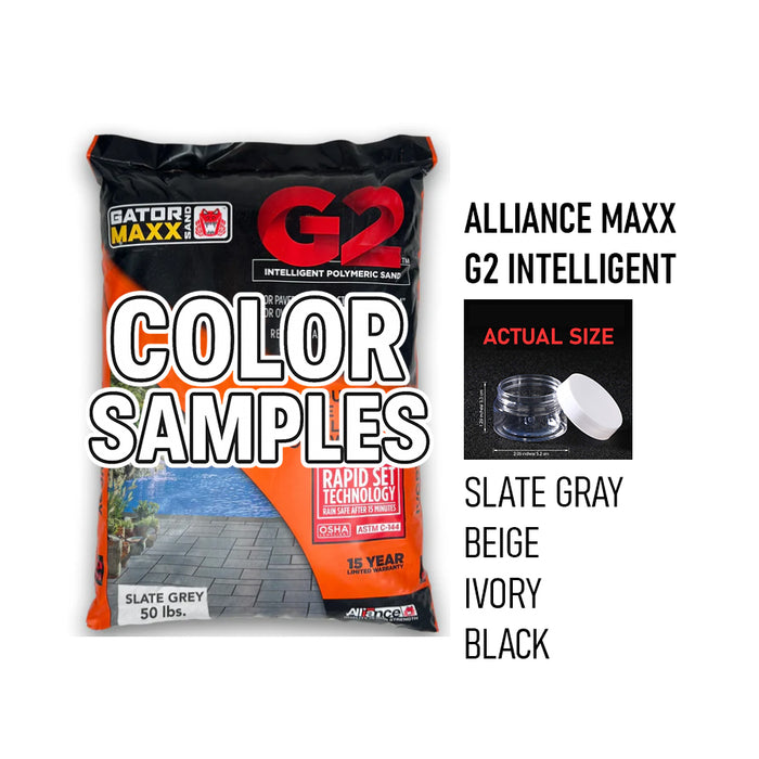 Alliance Gator Maxx G2 polymeric sand color samples – jar with Slate Gray, Beige, Ivory and Black options, actual size shown