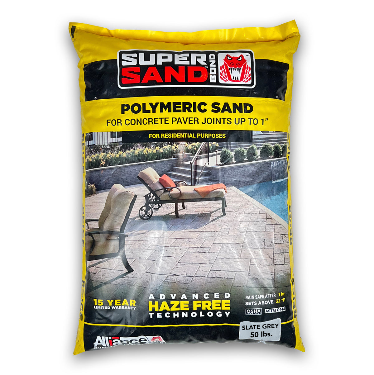 Alliance Super Sand Bond polymeric sand 50 lb Slate Grey, haze free paver joint sand for joints up to 1 inch, rain safe 1 hr