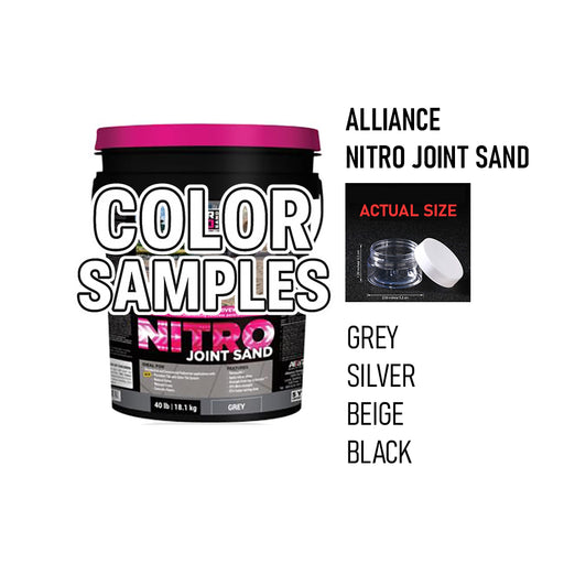 Alliance Nitro Joint Sand 40 lb bucket in Grey with color sample jar; available in Grey, Silver, Beige, and Black