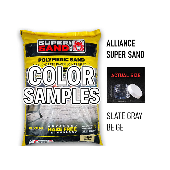 Alliance Super Sand Bond polymeric sand color samples in Slate Gray and Beige, shown with small sample container, actual size