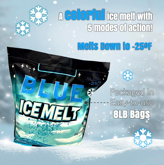Blue Ice Melt in 8lb resealable black bag, pet-safe, colorful crystals, effective to -25°F with 5 modes of action