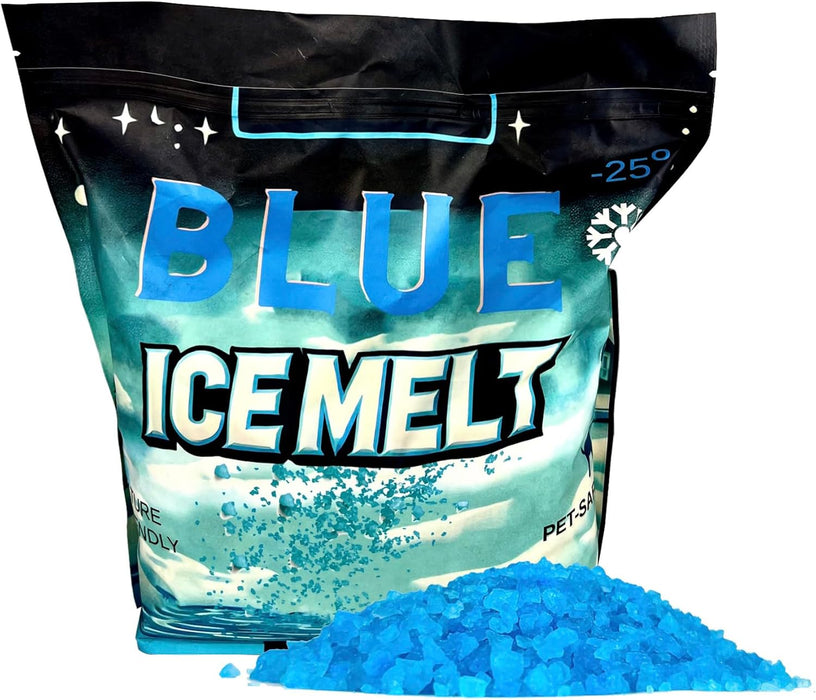 Blue Ice Melt bag with blue rock salt crystals, pet-safe, effective to -25°, resealable black pouch