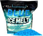 Blue Ice Melt bag with blue rock salt crystals, pet-safe, effective to -25°, resealable black pouch