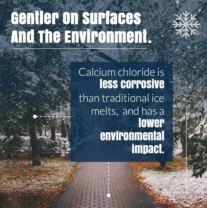 Calcium chloride ice melt promotional graphic highlighting lower corrosion and environmental impact over snowy park path