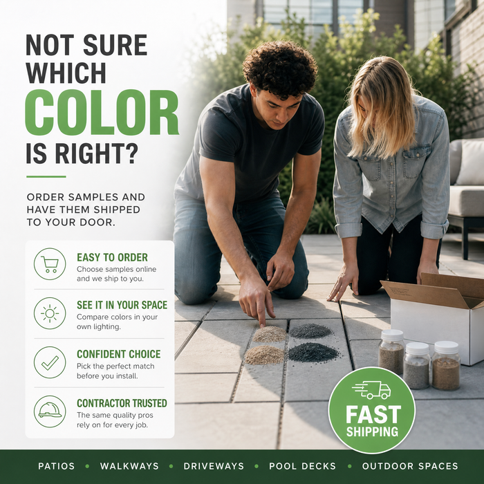 Couple comparing four jointing sand color piles poured on porcelain pavers – order sand samples to match your patio