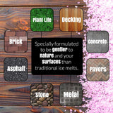 Pink crystal ice melt safe for brick, asphalt, stone, metal, concrete, pavers, decking, and plant life
