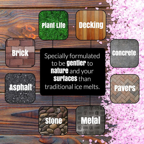 Pink crystal ice melt safe for brick, asphalt, stone, metal, concrete, pavers, decking, and plant life
