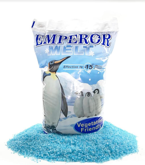 Emperor Melt bag of blue ice melt granules, vegetation friendly formula, effective to -15 degrees