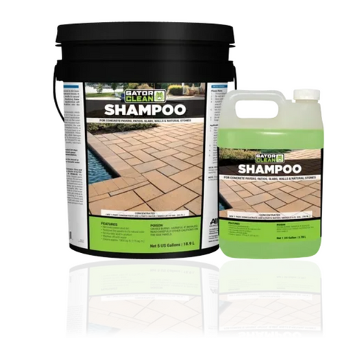 Gator Clean Shampoo cleaner in 5-gallon bucket and 1-gallon green jug for concrete pavers, patios, and natural stone