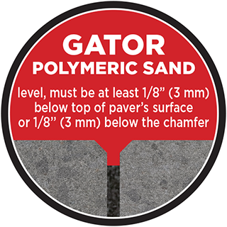 Gator Polymeric Sand red and gray diagram showing sand level must be 1/8 inch below paver surface or chamfer