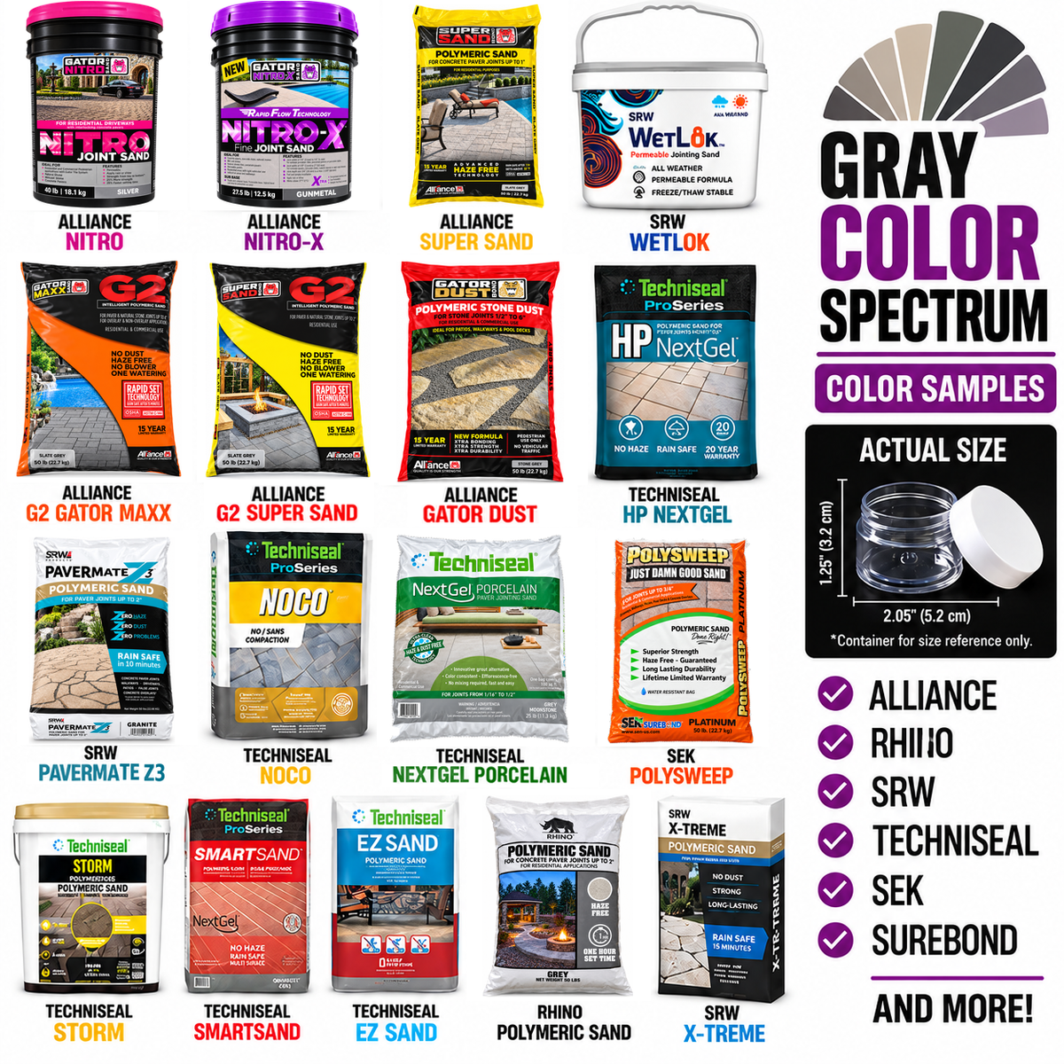 Gray Polymeric Sand Color Samples, 5 Brands, 2 oz Each