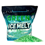 Green Ice Melt bag with green crystal granules spilled in front, pet-safe, nature-friendly, rated to -25 degrees