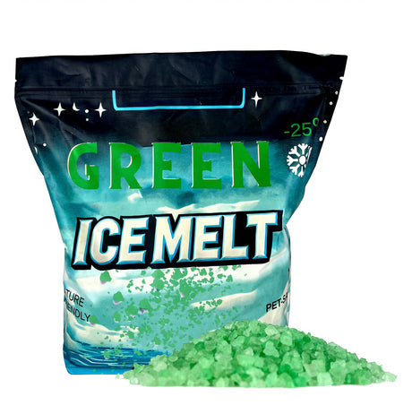 Green Ice Melt bag with green crystal granules spilled in front, pet-safe, nature-friendly, rated to -25 degrees