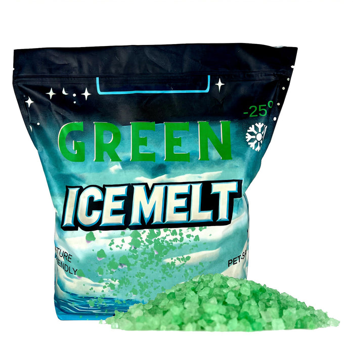 Green Ice Melt bag with green crystal granules spilled in front, pet-safe, nature-friendly, rated to -25 degrees