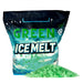 Green Ice Melt bag with green crystal granules spilled in front, pet-safe, nature-friendly, rated to -25 degrees