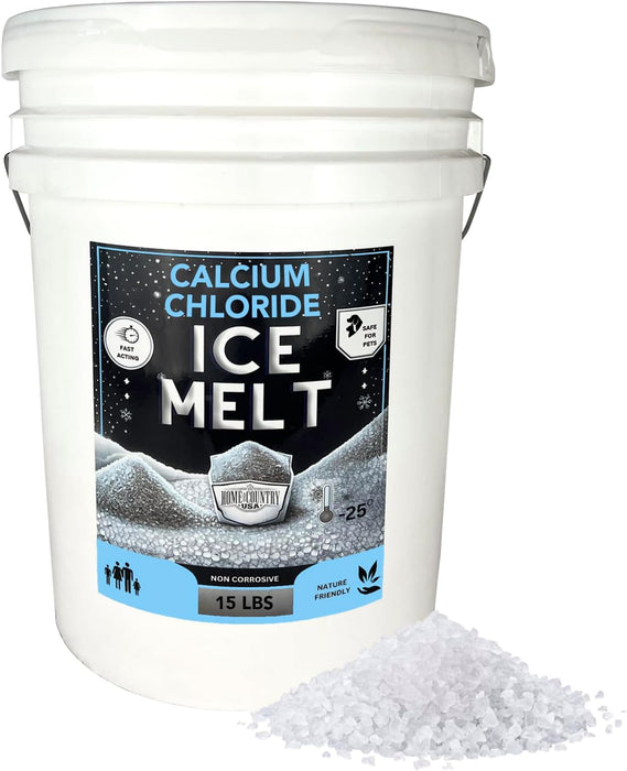 Home & Country USA Calcium Chloride Ice Melt in white 15 lb bucket, fast acting, pet safe, non corrosive, effective to -25°