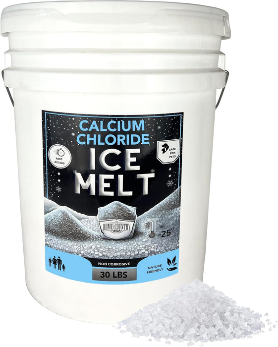 Home & Country USA Calcium Chloride Ice Melt in white 30 lb bucket, fast acting, pet safe, effective to -25°F