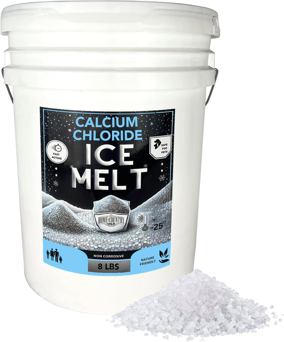 Home & Country USA Calcium Chloride Ice Melt in white 8 lb bucket with pile of white granules, rated to -25°F