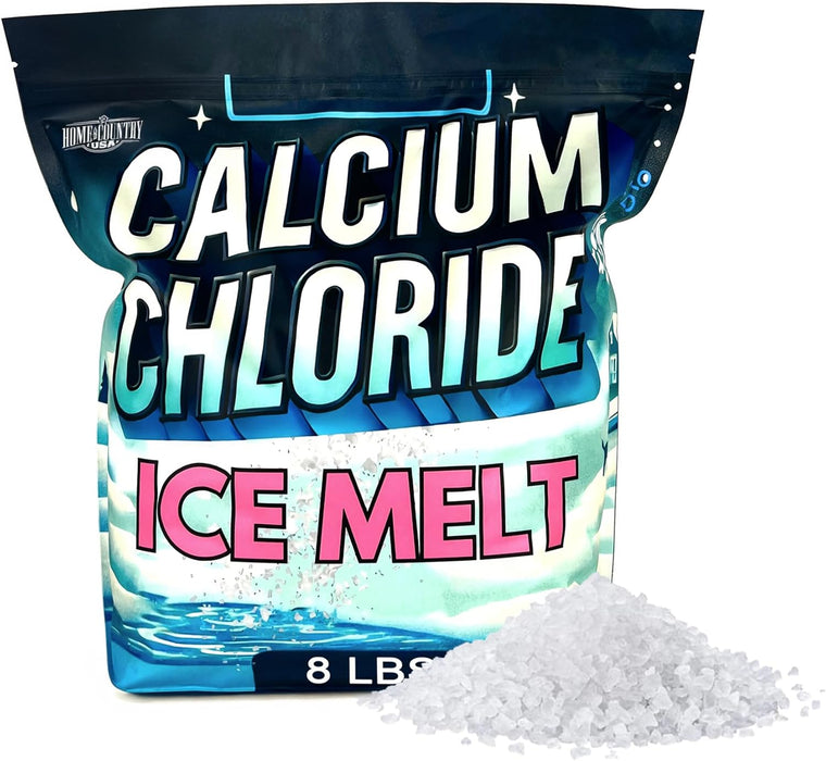 Home & Country USA Calcium Chloride Ice Melt in 8 lb dark blue resealable bag with white granules