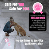Home & Country USA Pink Ice Melt promotional graphic with girl kissing golden retriever in snow, pet-safe paw badge