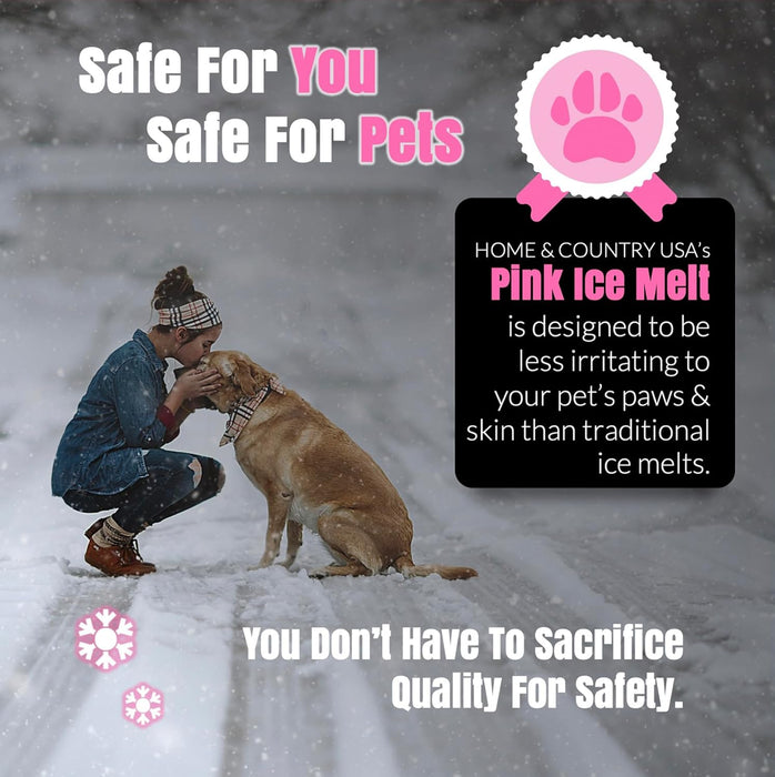 Home & Country USA Pink Ice Melt promotional graphic with girl kissing golden retriever in snow, pet-safe paw badge