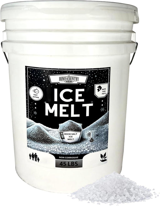 Home & Country USA Ice Melt white 45 lb bucket with handle, rock salt granules, pet safe, fast acting, non-corrosive