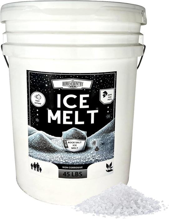 Home & Country USA Ice Melt white 45 lb bucket with handle, rock salt granules, pet safe, fast acting, non-corrosive