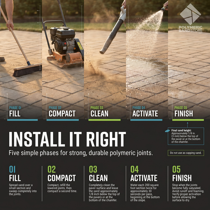 Polymeric sand 5 phase install – fill, compact with plate compactor, clean, water activate, finish 1/8 inch below paver top