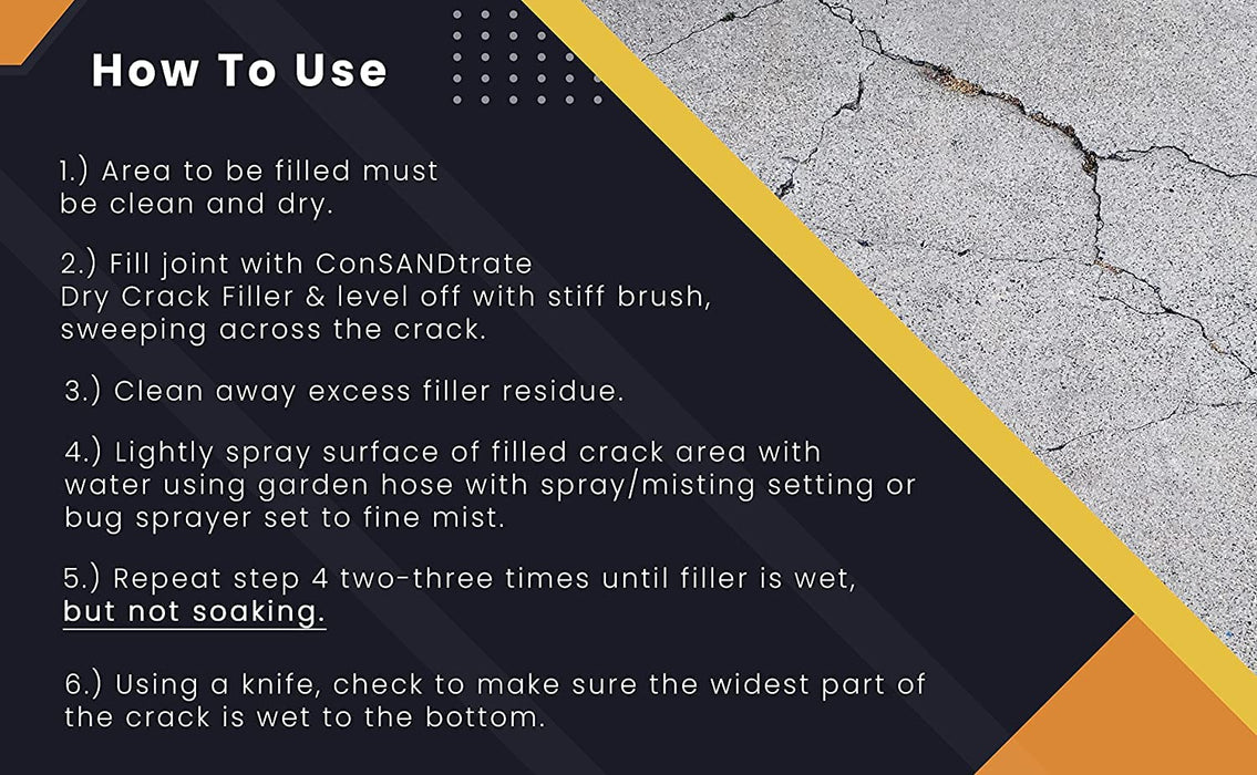 Step-by-step instructions for applying ConSANDtrate concrete crack filler to repair concrete cracks and joints.